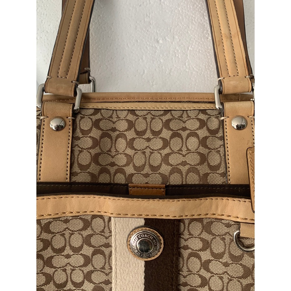 Coach Signature Jacquard Satchel Brown Tan Leather Trim F13813 Bag #922 - Picture 4 of 12